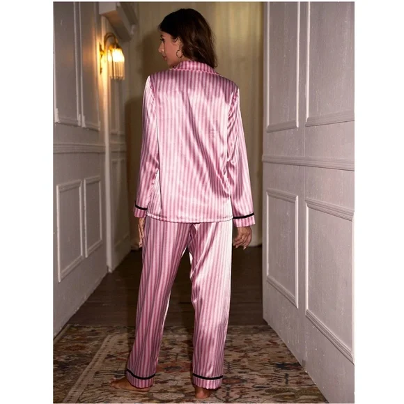 Satin Pink Stripes 2 Piece Pajamas Set - Picture 2 of 12
